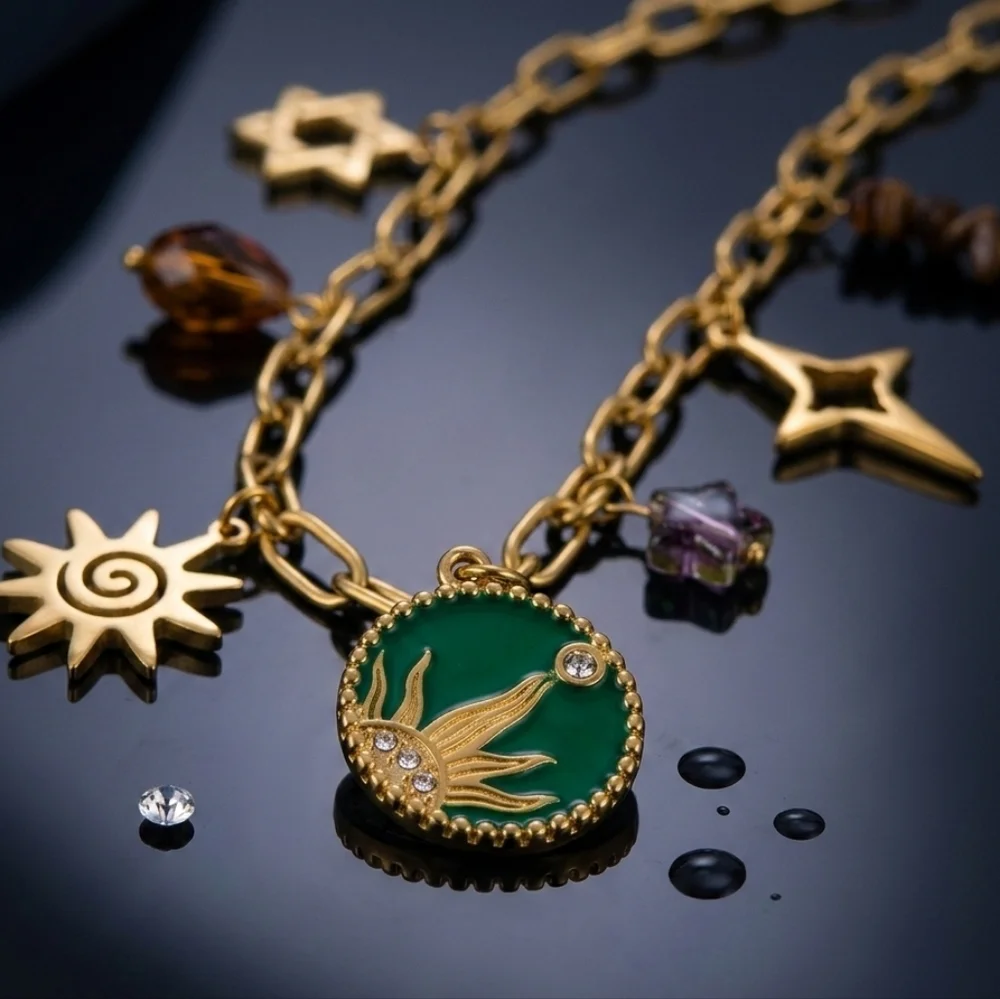 18K Gold Plated Boho Celestial Sun Star Charm Necklace 316L Stainless Steel